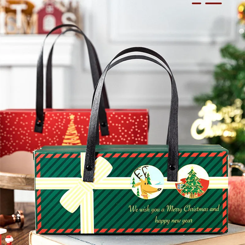 

10PCS Red Green Christmas elk box pastry biscuit take out package Deer Tree Boxy Hand Box Holiday24x10x9cm gift box Handle Bags