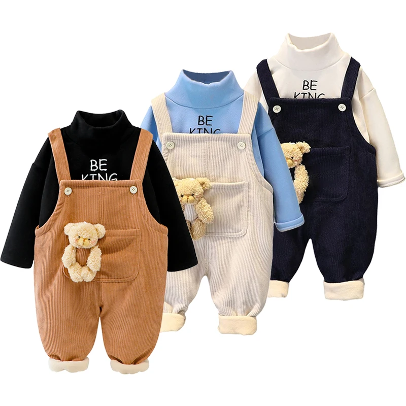 

Теплый флисовый комплект одежды для младенцев на осень и зиму, топ с милым медведем для маленьких мальчиков и девочек + комбинезоны и штаны, ...