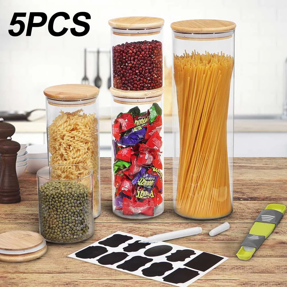 5Pcs Container for Cereals Glass Jars Sealed Cans with Cover Kitchen Food Storage Bottles Mason Spice Jars Storage banks Tea Box