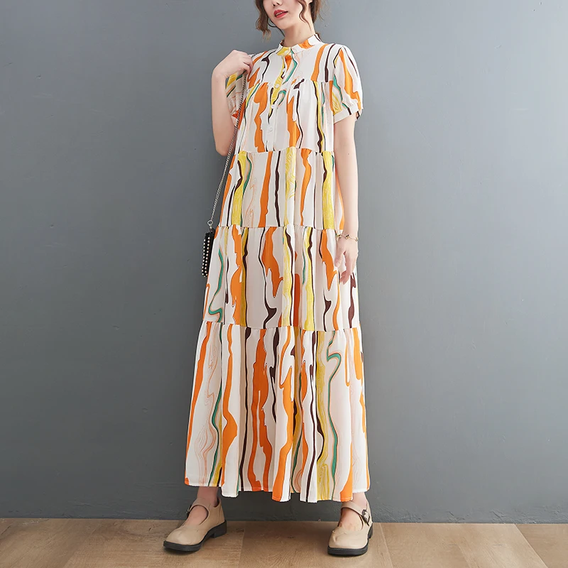 Женское платье в полоску повседневное свободное составного кроя Корейском стиле