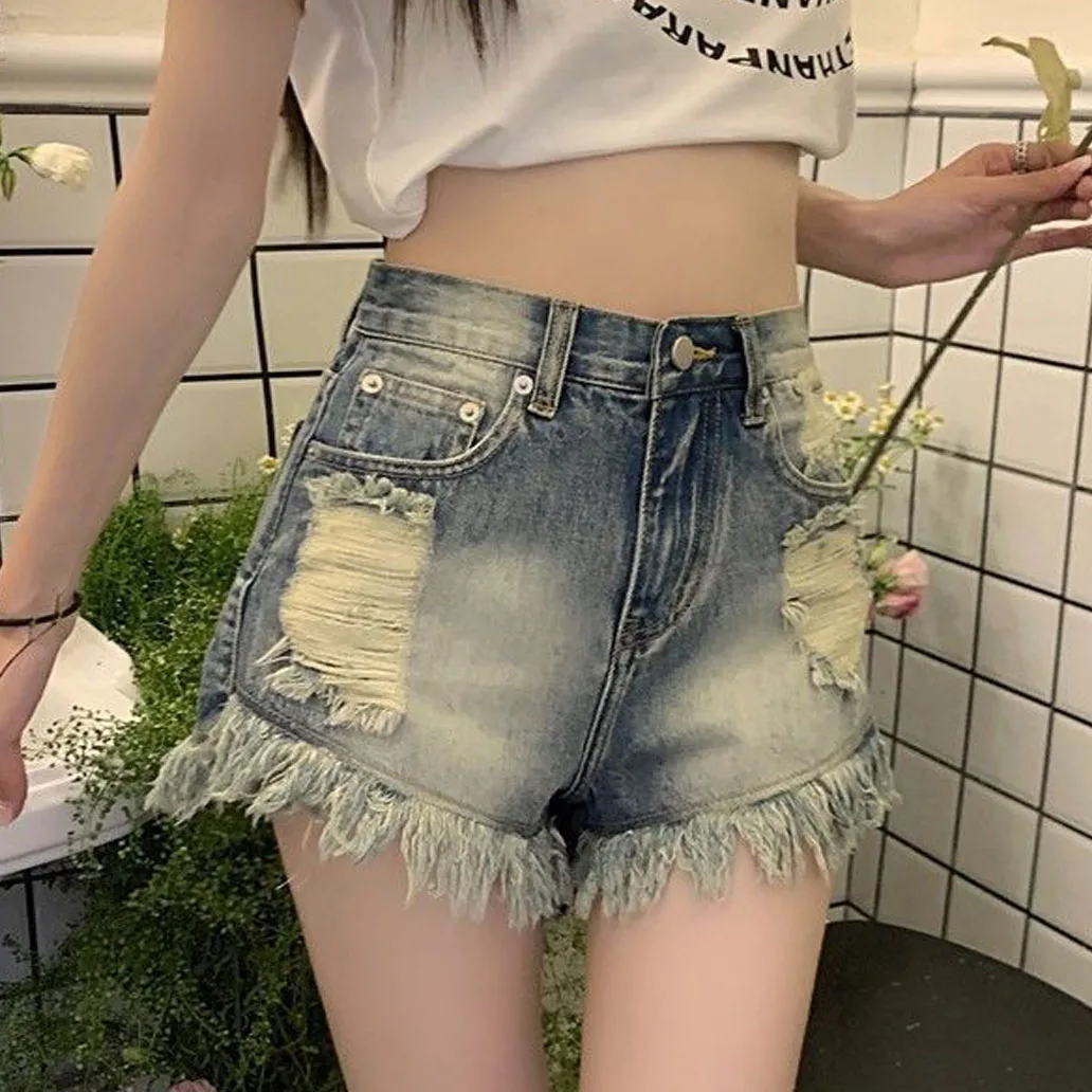 

Sexy High Waist Womens Jeans Shorts 2022 Summer New Denim Broken Hole Tassels Splicing Irregular Ladies Skinny Super Short Jeans