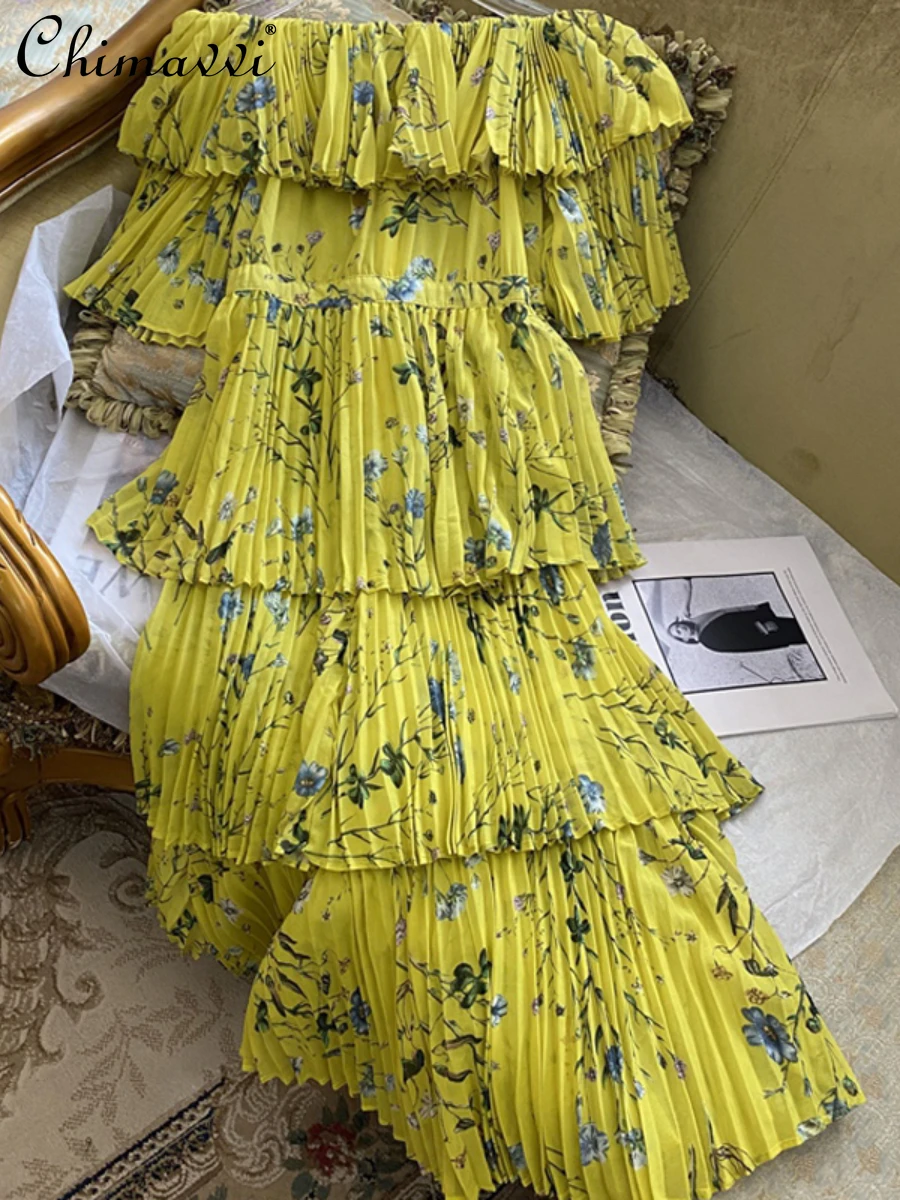 

New Dress Female 2022 Summer Fashion Print Cake Dresses Off-Shoulder Sexy Pleated Floral Vacation Style Temperament Long Dress