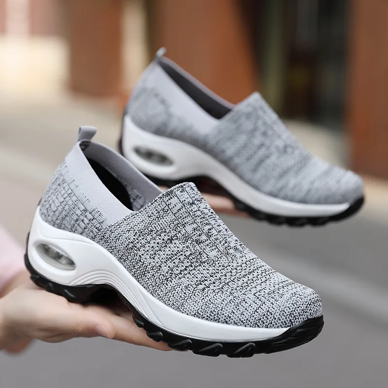 

Ladies Casual Shoes Sneakers Knitting Breathable Net Solid Color Round Shape Air Cushion Flat Non Slip Women