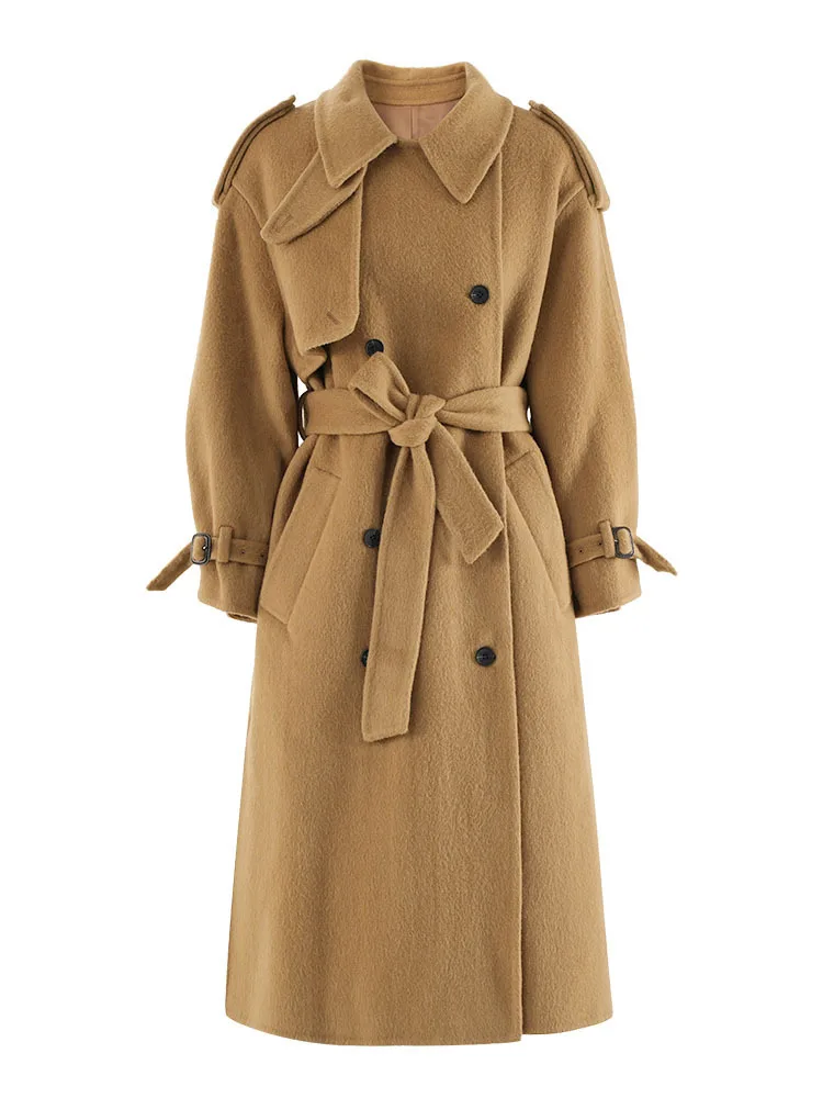 LGRQ модное женское шерстяное пальто цвета хаки с лацканами свободное двубортное