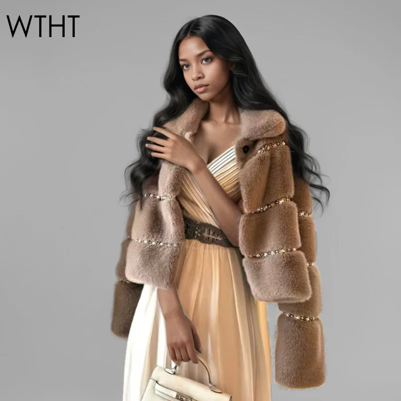 WTHT Новая модная женская полосатая куртка из искусственного меха с бриллиантами