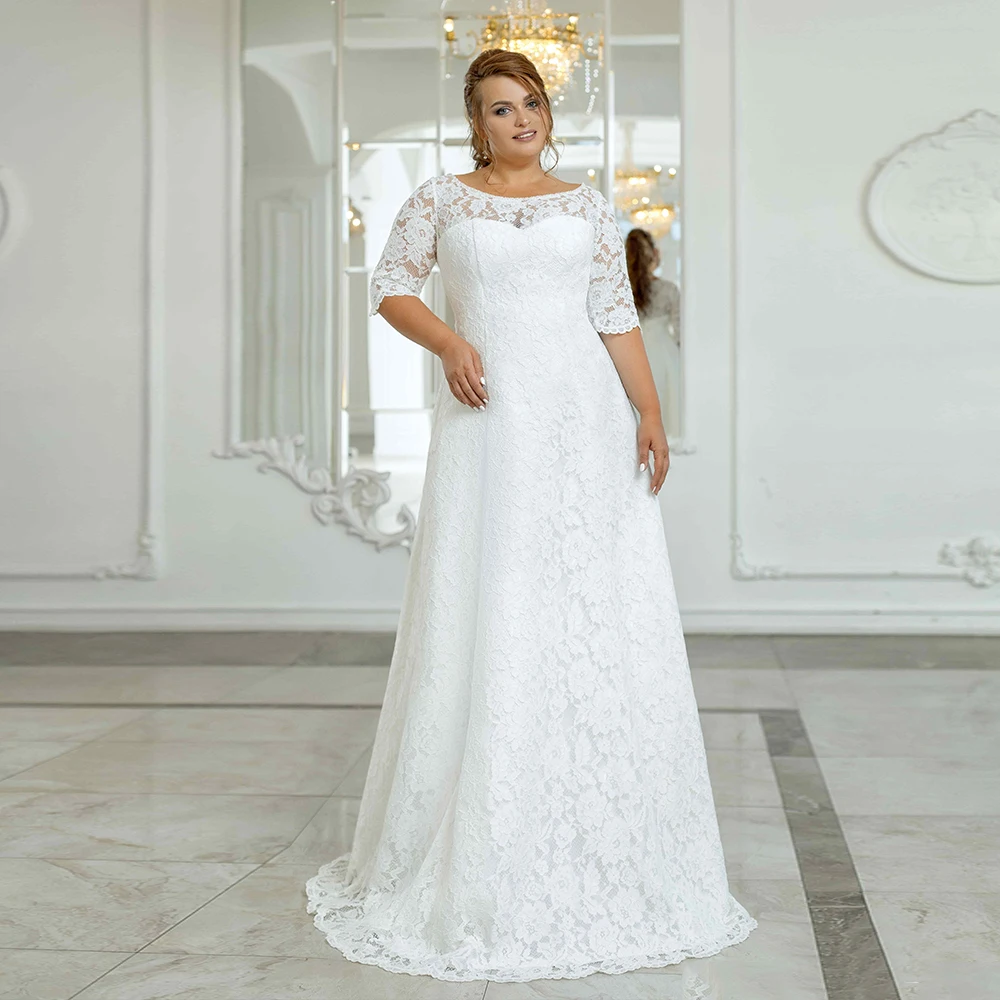 

Plus Size Lace Wedding Dress For Woman Scoop Neck Formal Bridal Gown For Bride Custom A Line Vestido De Noche 2022 Half Sleeves