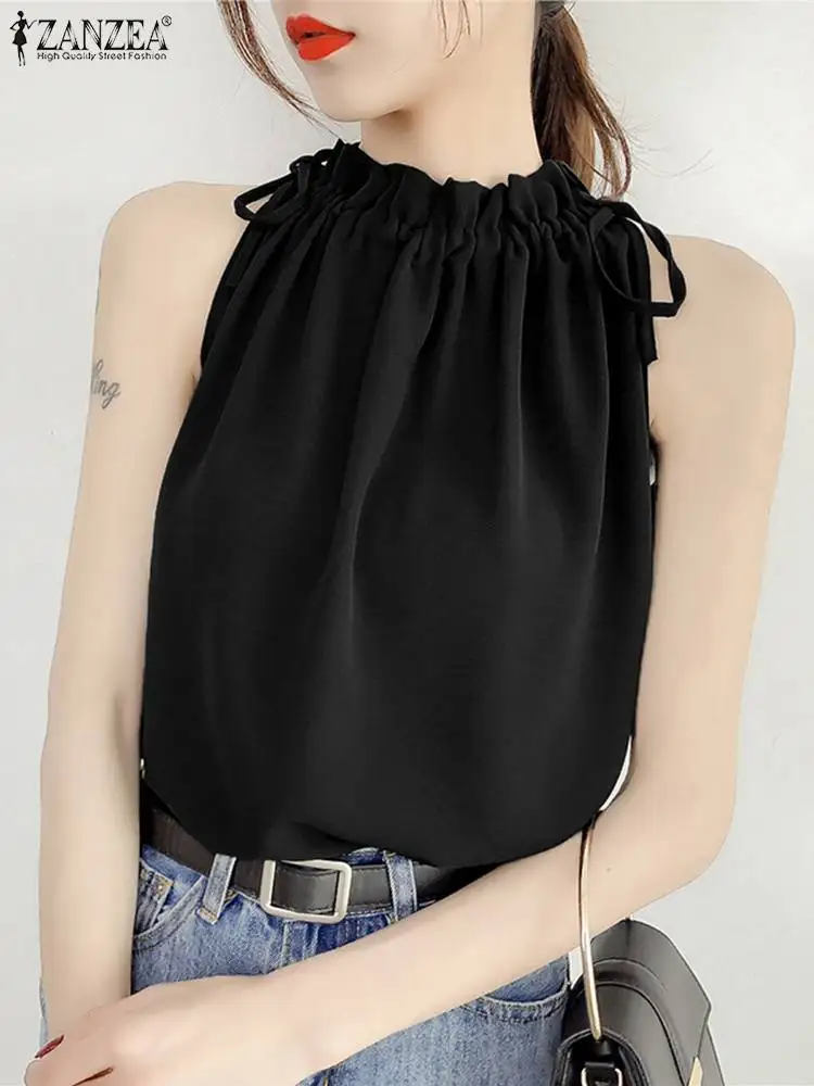

ZANZEA Elegant 2023 Summer Shirt Ruffled Stand Collar Sleeveless Blouse Solid Color Pleated Tanks Casual Sexy Women Tank Tops