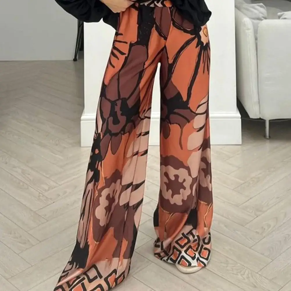 

Women Wide Leg Pants Summer Breathable Casual Pants Bohemia Flower Print Elastic Waist Pants Loose Ladies Casual Long Trousers