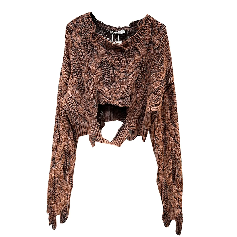 Женский вязаный свитер с вырезами DEAT Свободный пуловер в стиле High Street круглым