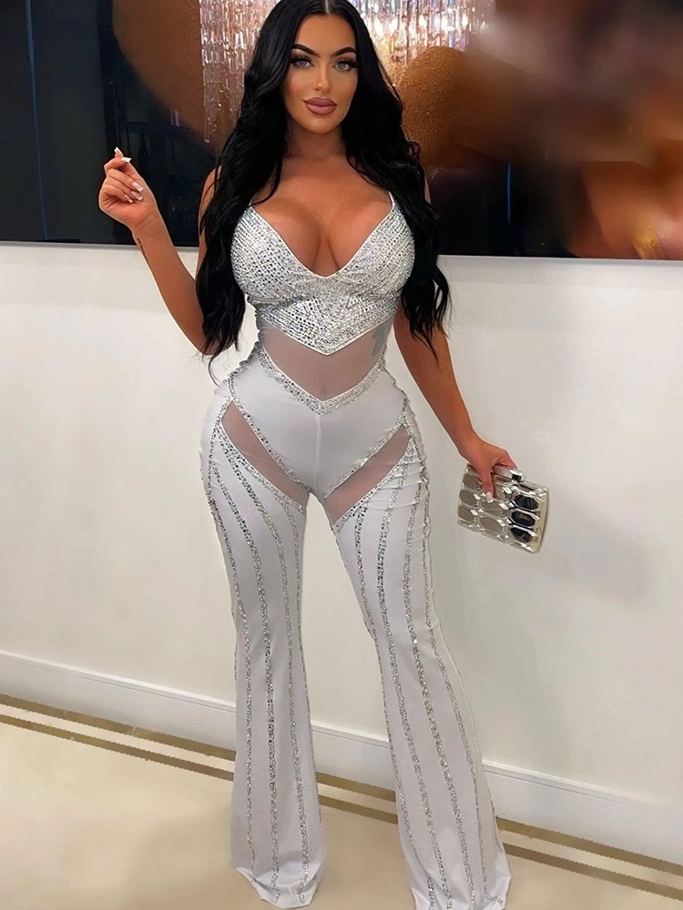 

Elegant White Sheer Mesh Crystal Jumpsuits Luxury Sleeveless Diamonds Skinny Jumpsuits Nightclub Outfits Sexy Clubwear