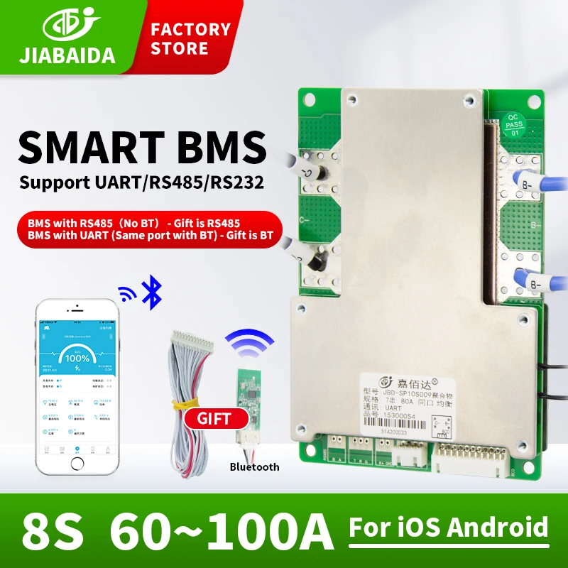

JBD Smart BMS 8S 24V с температурной защитой Lifepo4 Bluetooth 100A 80A 60A для Ebike 3,2 V аккумулятор