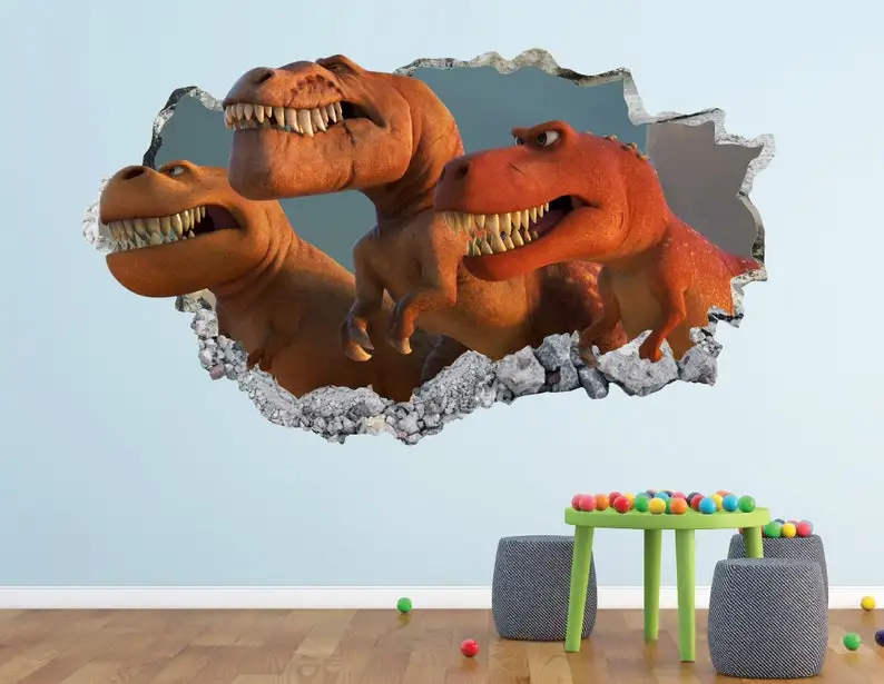 

Funny Dinosaur Wall Decal - Wild Animal 3D Smashed Wall Art Sticker Kids Decor Vinyl Home Poster Custom Gift KD139