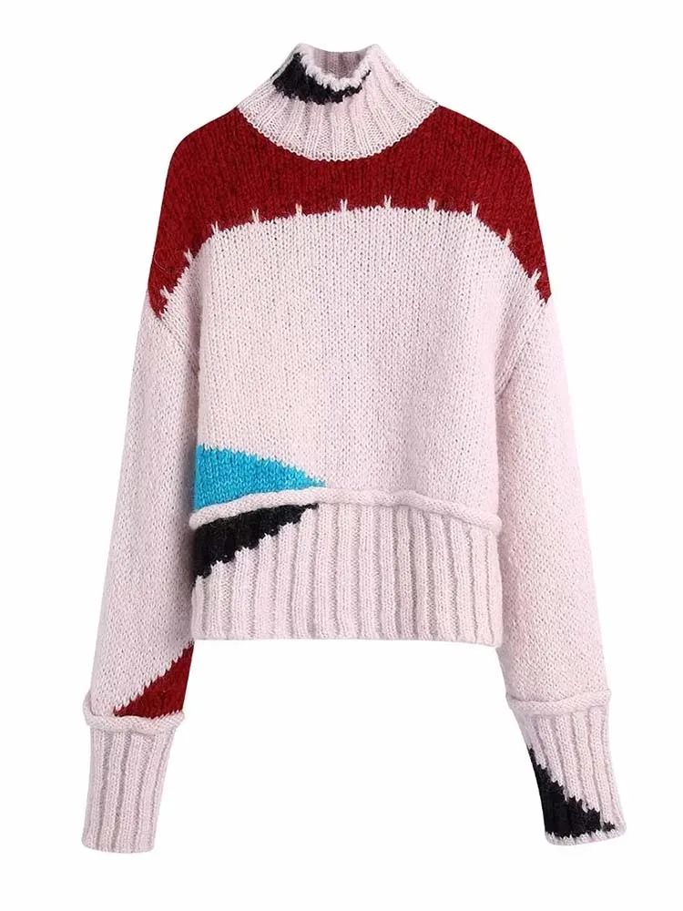 

Женский свитер с высоким воротником TRAF, укороченный вязаный свитер, Женский пуловер в стиле пэчворк, Женские топы из Джерси с длинным рукаво...