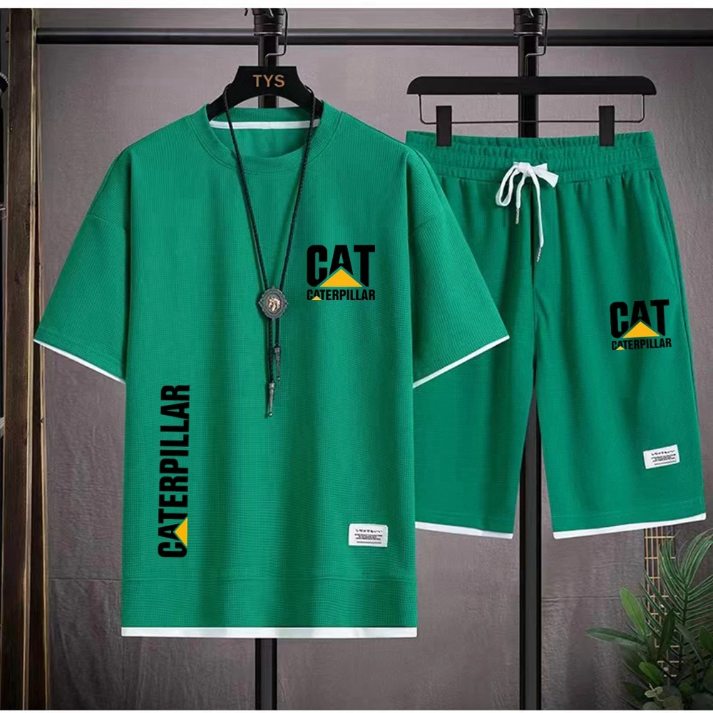 European Round Neck Short Sleeve+Shorts Two Piece Set CAT Letter Printing Summer Casual Men's T-shirt Waffle New Set Large Men's