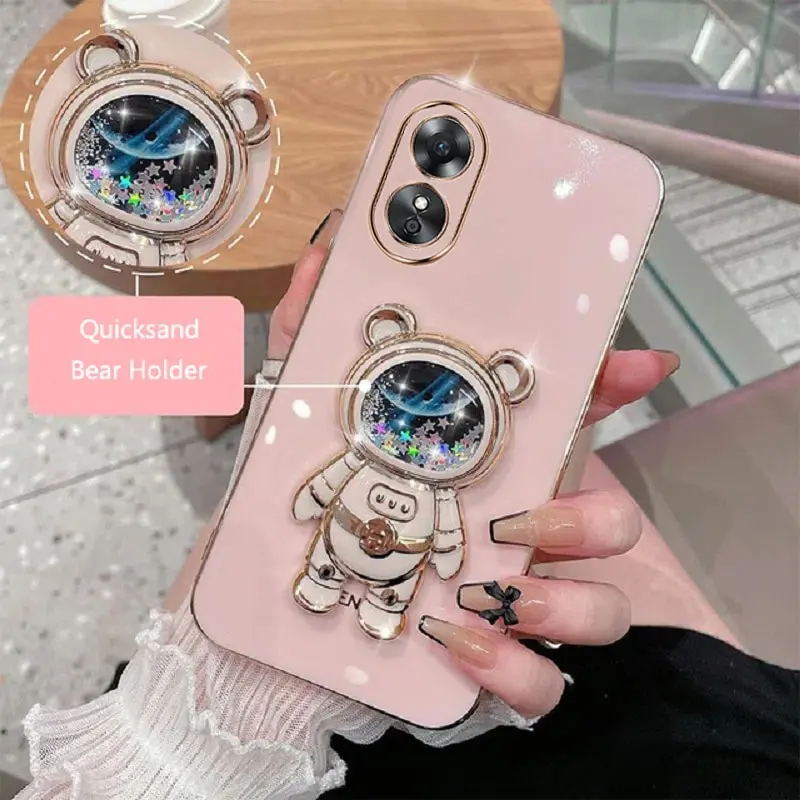 

Phone Case For Oppo A17 Soft Silicone Luxury Plating Cartoon Bear Fold Stand Phone Case Cover