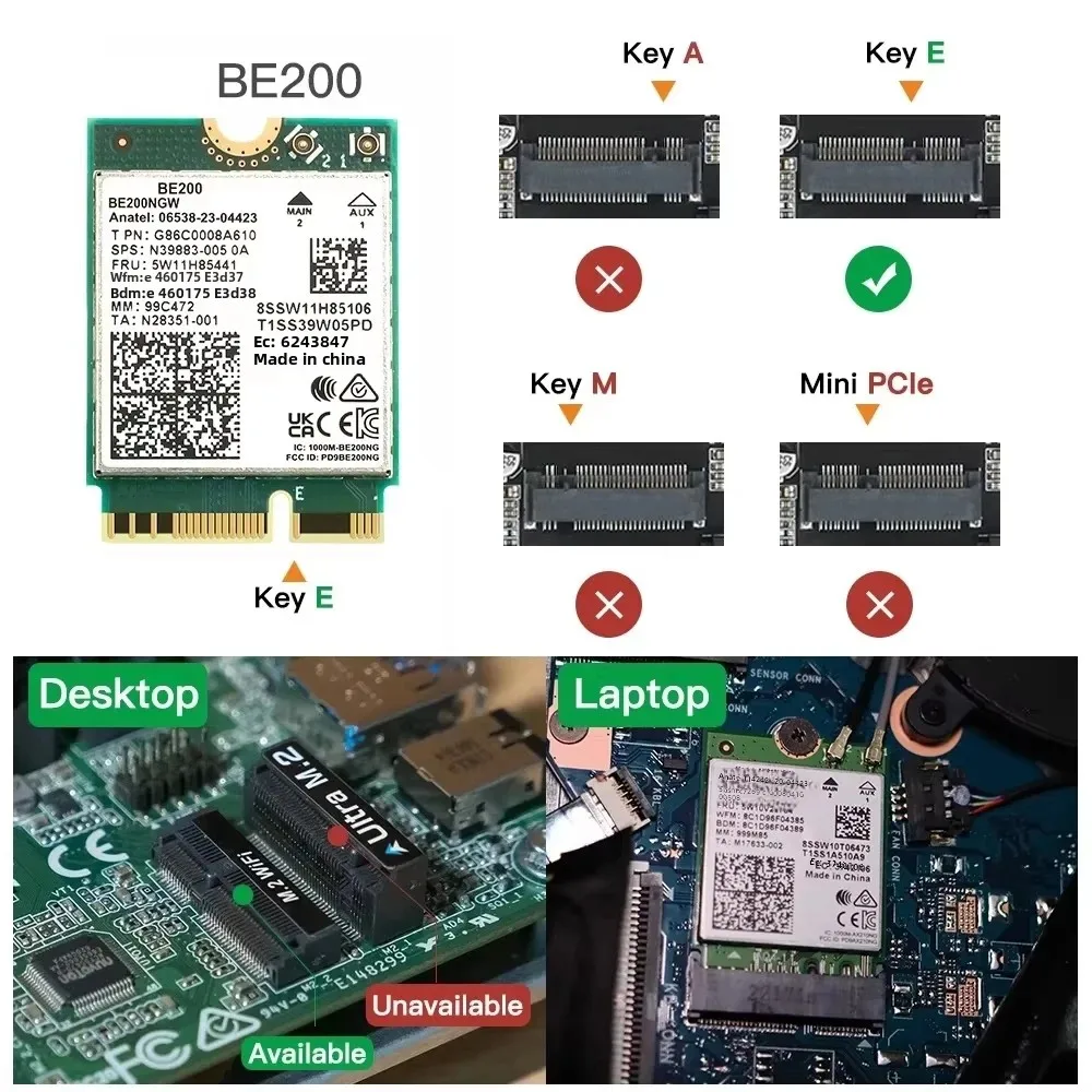 Фото Wi-Fi 7 BE200 Bluetooth5.4 Wi-Fi NGFF карта 8774 Мбит/с BE200NGW трехдиапазонный беспроводной сетевой адаптер 2,4/5/6 ГГц для ноутбука Win 10/11 №5