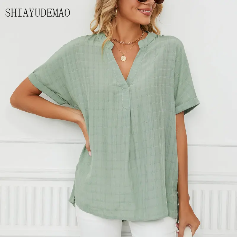 

Summer New Chiffon V-Neck Women's Shirt Fashion Casual Solid Color Turn-down Collar Loose Blouse Stylish Elegant Youth Woman Top