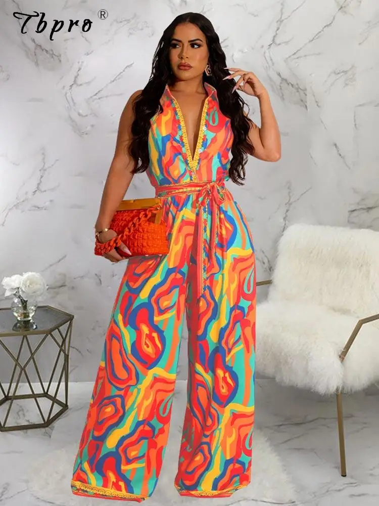 

Женский комбинезон с принтом, Свободный комбинезон с глубоким V-образным вырезом, без рукавов, с широкими штанинами и поясом, уличная одежда, лето 2023