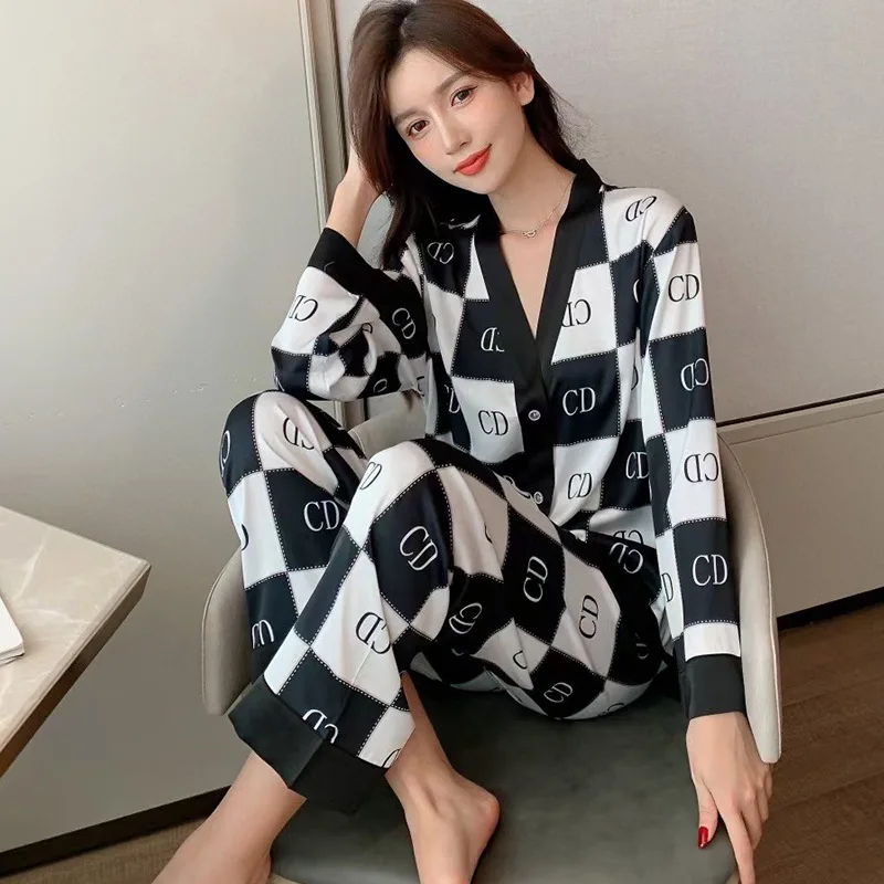 

Sexy Female Pajamas Nightgown Rayon 2PCS Shirt&Pant Pijamas Suit Print Letters Trouser Suits Sleepwear Patchwork Loose Homewear