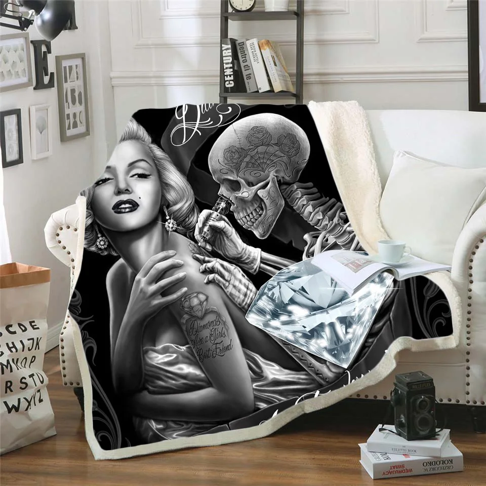 

New 001 Gothic Sherpa Coverlet Skull Print Plush Blanket For Kids Black Bedding Marilyn Monroe Bedclothes Bedding New