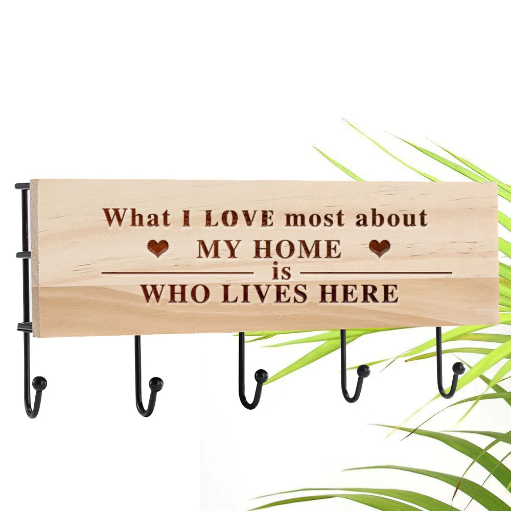 

Engravable Text Wooden Iron Hook Keychain Holders Housewarming Gifts Home Decor Wall-Mounted Organizer Hooks Rack