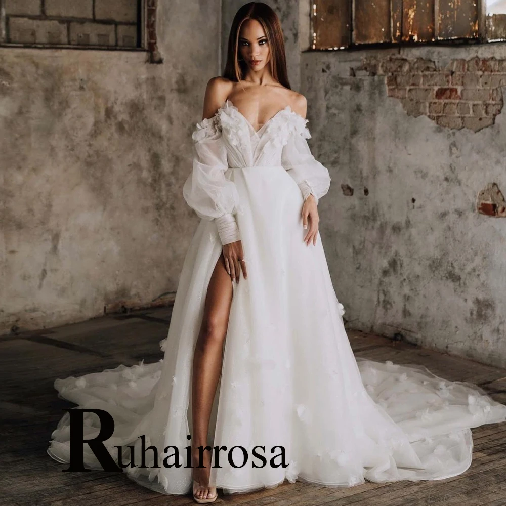 

Ruhair Fairytale Puff Sleeves Wedding Dresses For Women 3D Flowers A-Line Side Slit Made To Order Vestidos De Novia Brautmode