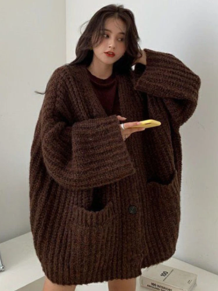 

Deeptown Retro Streetwear Oversized Cardigan Women Harajuku Knitted Sweater Vintage V-neck Loose Casual Long Sleeve Knitwear Top