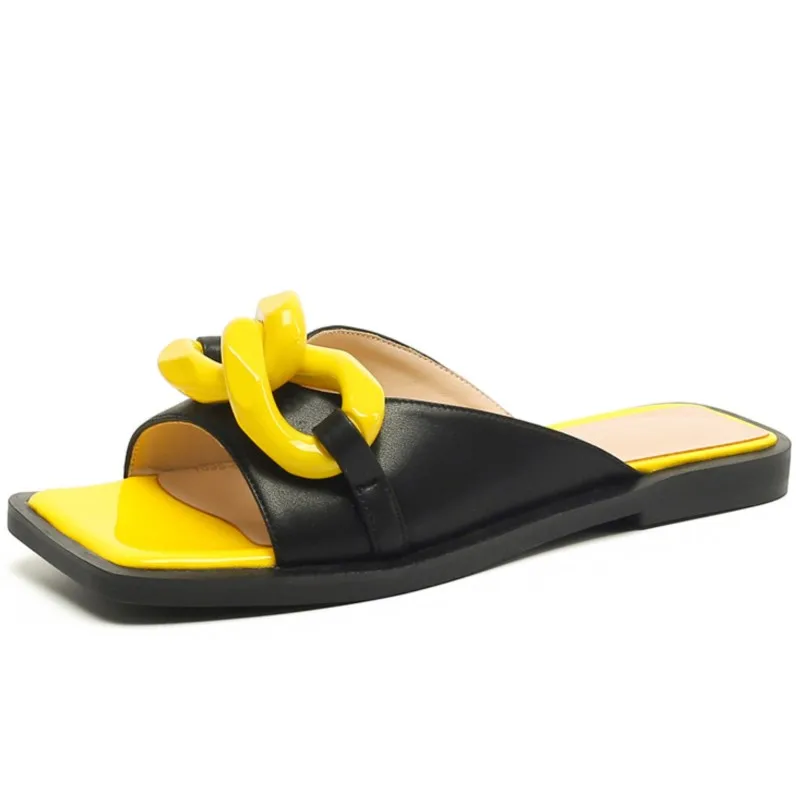 

Dilalula 2022 Summer Newest Chain Women Sandals Flats Genuine Leather Peep Toe Slippers Fashion Casual Comfortable Shoes Woman