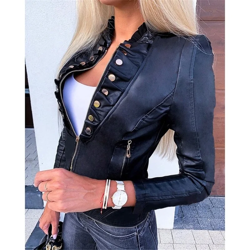Women Fashion Autumn Jacket Cool Faux Leather Long Sleeve Zipper Fitted Motor Biker Coat Outwear Female Fall Short Jacket New