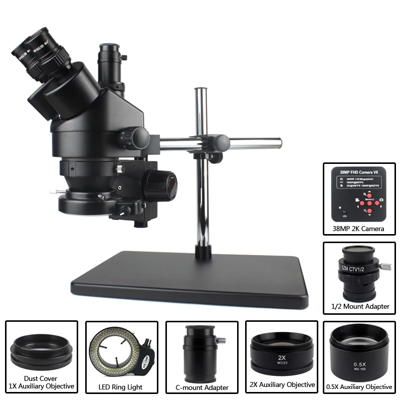 

7X-45X 3.5X-90X Trinocular Stereo Microscope WF20X 0.5X 2.0X Auxiliary Objective Lens Digital Camera microscopio for Soldering