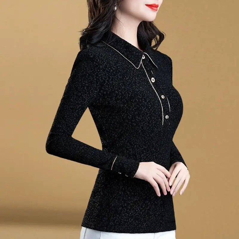 

2022 Autumn Winter Women's Clothing Long Sleeve Slim Peter Pan Collar Warm Fleece Button Tops Gauze Fashion Commute Pullovers