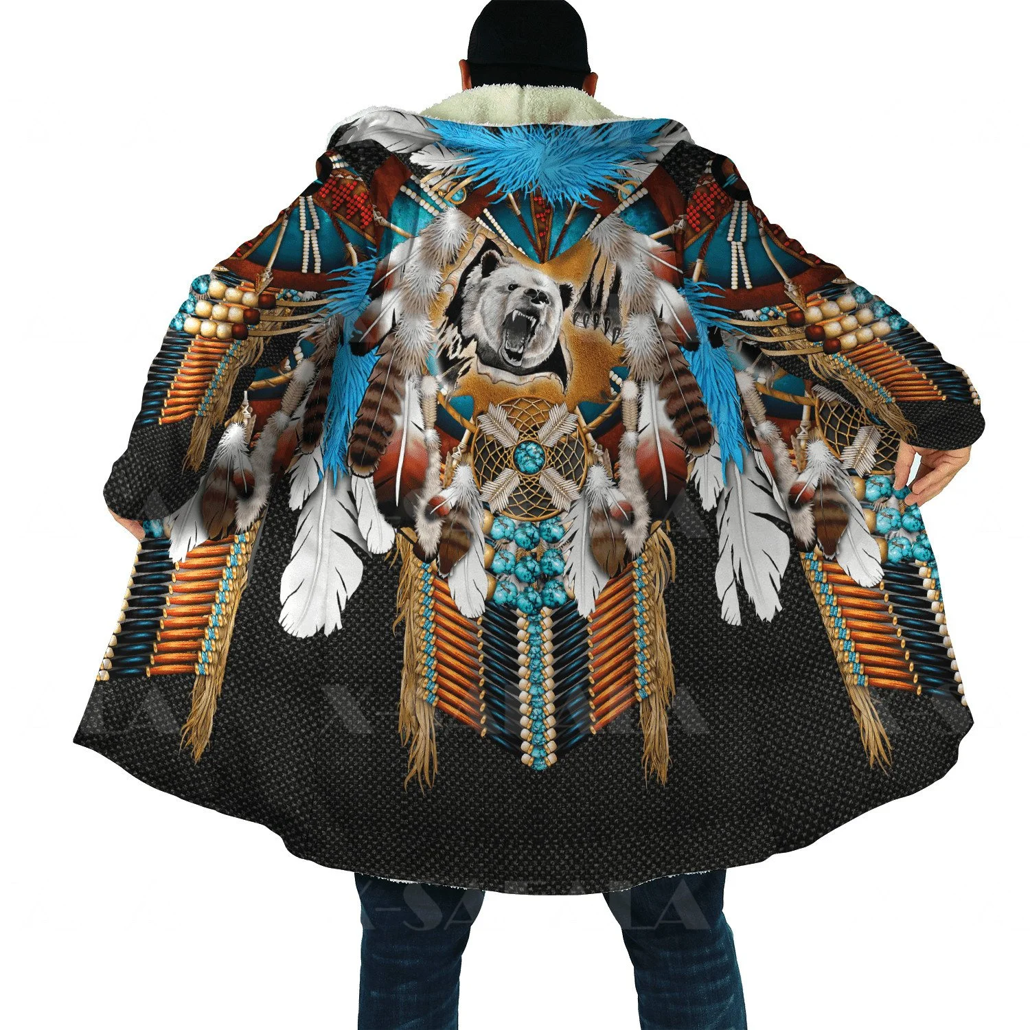 

Thick Warm Hooded Cloak for Men Owl Native Feather Totem Overcoat Coat 3D Print Windproof Fleece Cape Robe Hooded Blanket-2