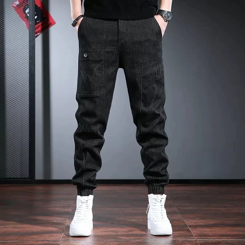 Blue Cargo Pants Jeans Men Casual Baggy Pencil Pants Autumn Streetwear Hip Hop Elastic Waist Denim Trousers CP2016