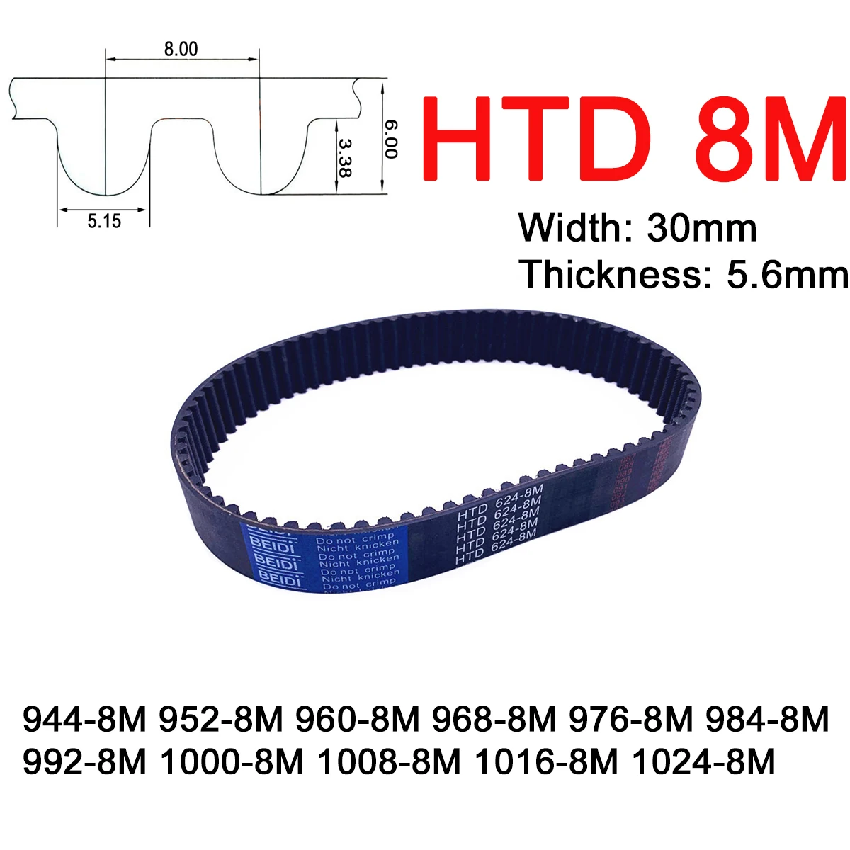 

1Pc Width 30mm 8M Rubber Arc Tooth Timing Belt Pitch Length 944 952 960 968 976 984 992 1000 1008 1016 1024mm Synchronous Belts