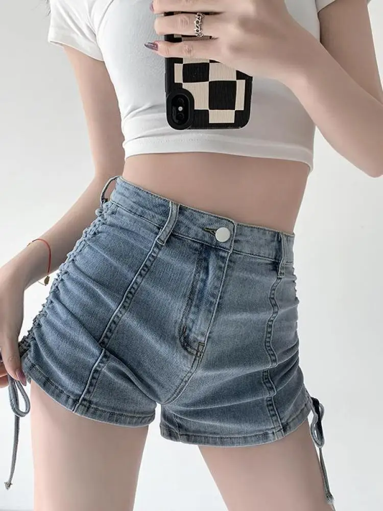 

High-waisted Denim Shorts Women's Summer Drawstring Design Is Slimming A-line Bag Hip Hot Pants Fashion Korean Women Clothing