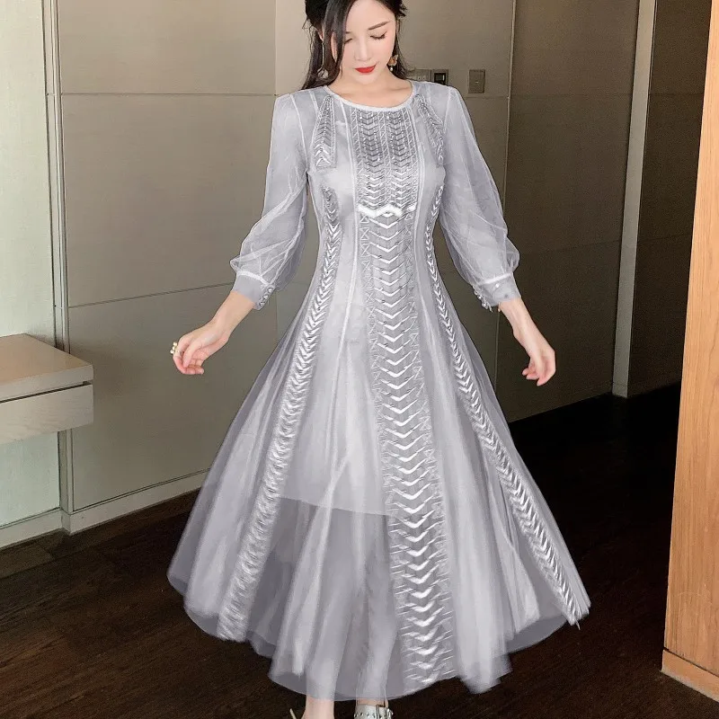 

2022 Summer Fashion Temperament Women High-End Mesh Beaded French Retro Dress