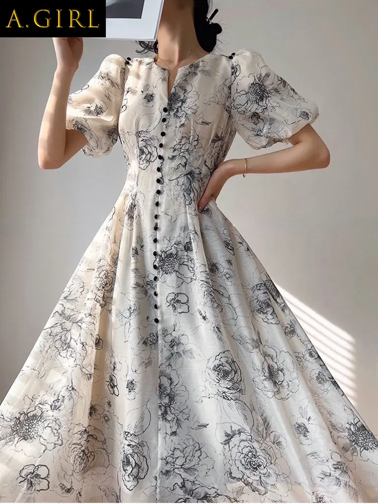 

A GIRLS Floral Dress For Women 2023 New Summer Elegant Puff Sleeve Vintage Dress Chic Single Breasted Short Sleeves Y2k Dress