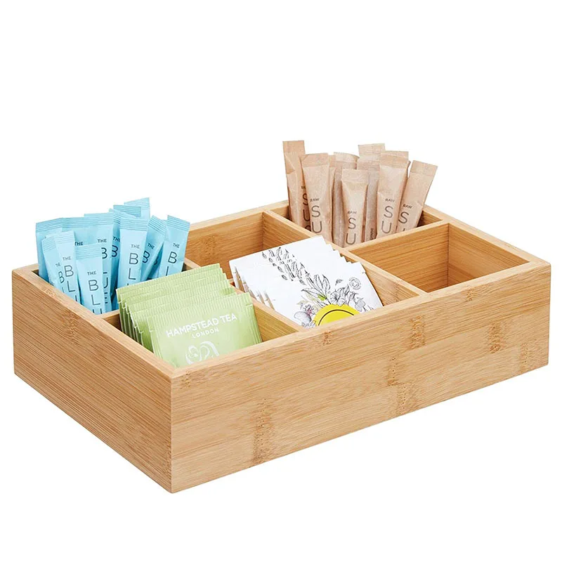 

Bamboo Wood Compact Tea & Food Storage Organizer Bin Box 6 Divided Sections Holder for Tea Bags, Coffee, Packets, Sugar