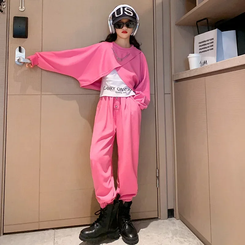 Весенне-осенний однотонный Укороченный свитшот + спортивные штаны футболка с