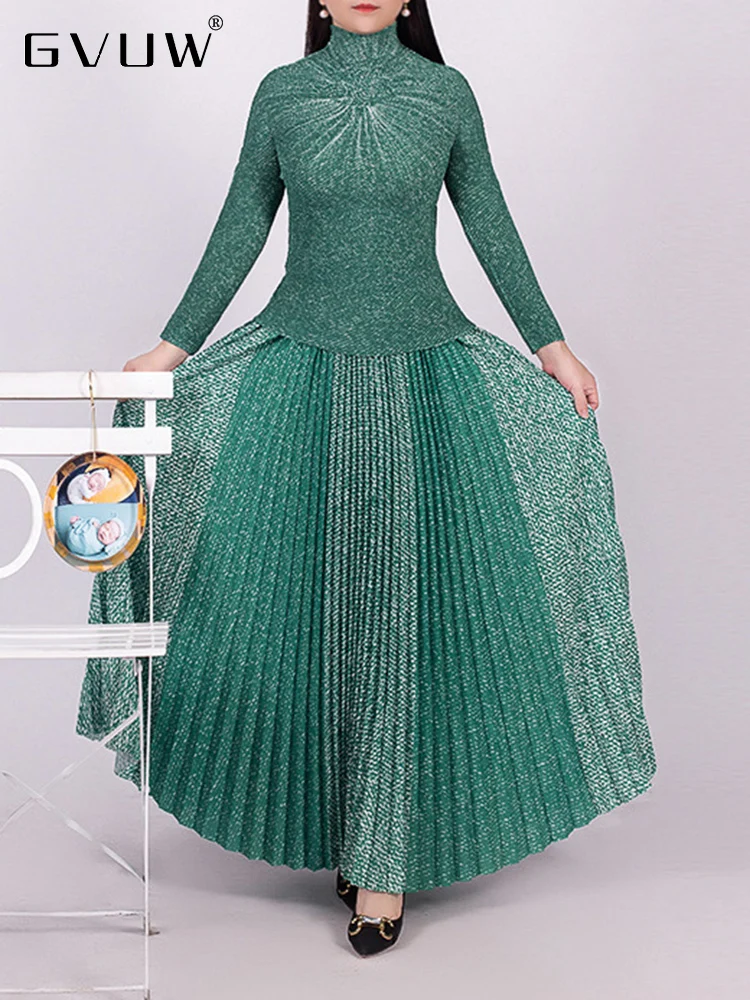 

GVUW Gradient Color Pleated Two Piece Sets For Women Turtleneck Long Sleeve Tops Elastic Waist A-line Skirts 2023 Autumn 17J0567