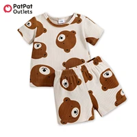 patpat newborn 2pcs baby boygirl clothes 95 cotton ribbed short sleeve all over cartoon bear print top and shorts set