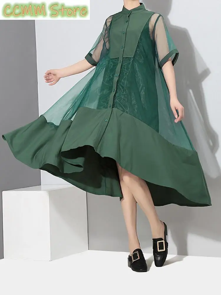 Женское платье-рубашка с воротником-стойкой зеленое асимметричное свободное