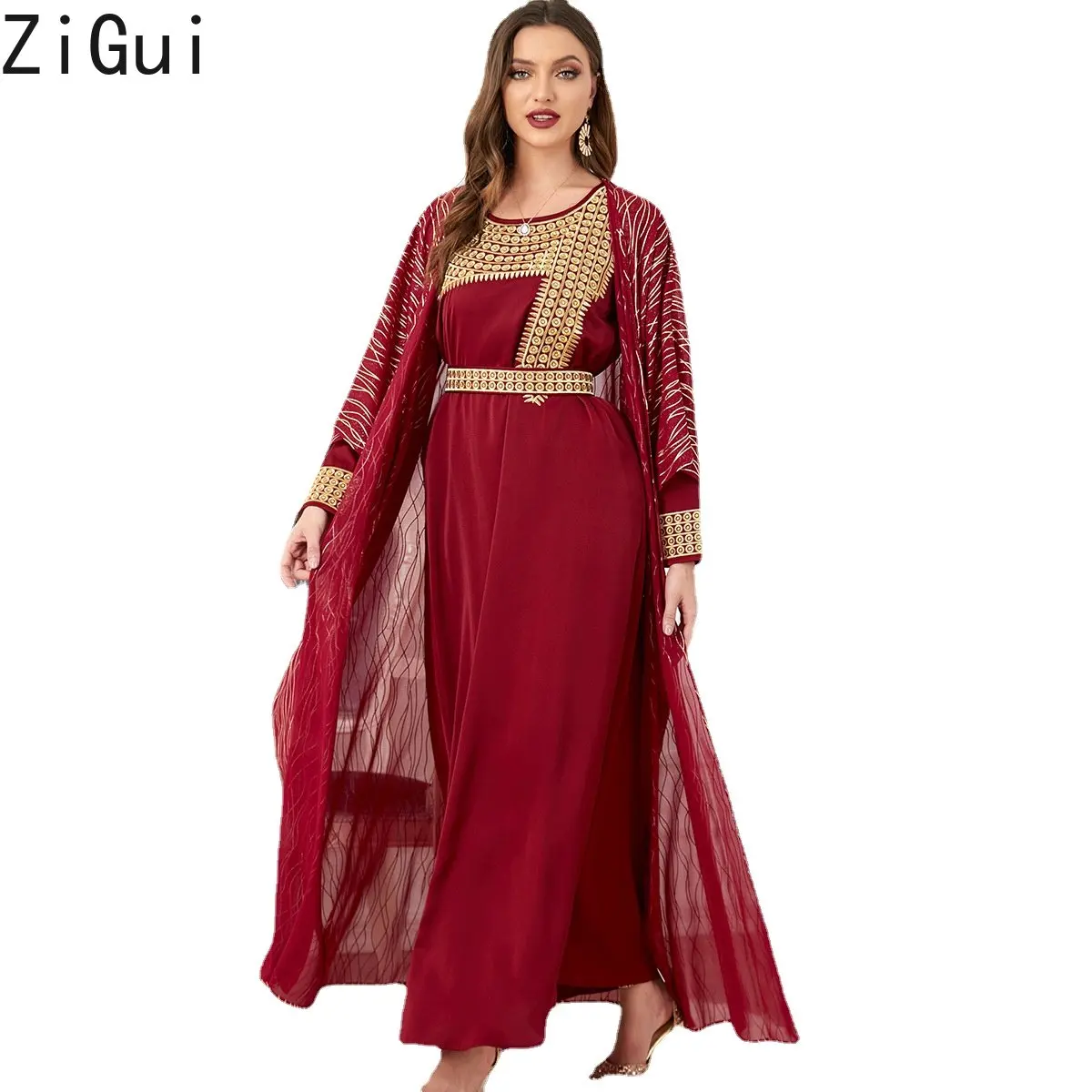 

Zigui Red Dress Gold Embroidery Belted 2 Pieces Sets Long Sleeve O Neck Robe Ladies Dresses For Special Occasions Ramadan
