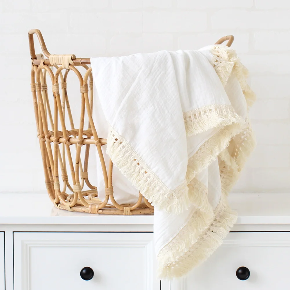 Cotton Muslin Swaddle Blanket Baby Tassel Receiving New Born Wrap Infant Sleeping Quilt Bed Cover |