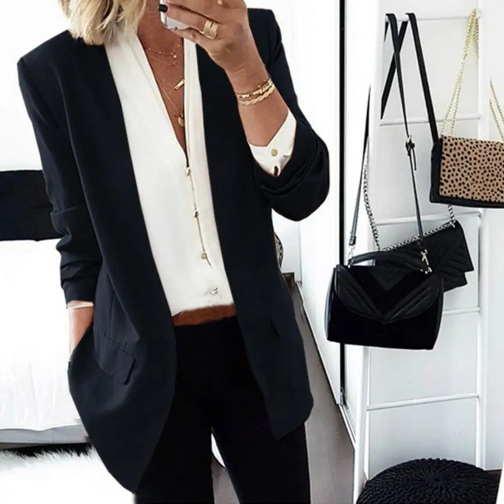 

Women Blazer OL Style Long Sleeve Business Blazers Mid Length Open Stitch Loose Formal Coat