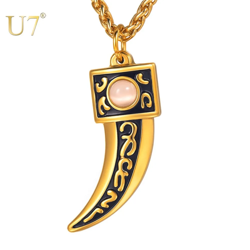 

U7 Natural Opal Stone Wolf Fang Teeth Necklaces & Pendants Punk Jewelry Chain Necklace For Women Men Best Christmas Gifts P1206
