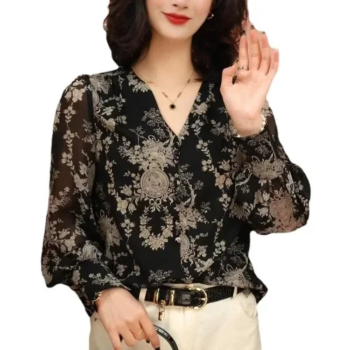 Лето 2023 модная утягивающая элегантная шифоновая женская блузка с принтом легкий