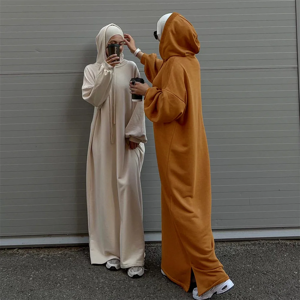 2024 Ramadan Eid Modest Warm Winter Abayas With Hat Muslim Women Abaya Dress Robe Arabe Female Morocco Kaftan Islam Clothing