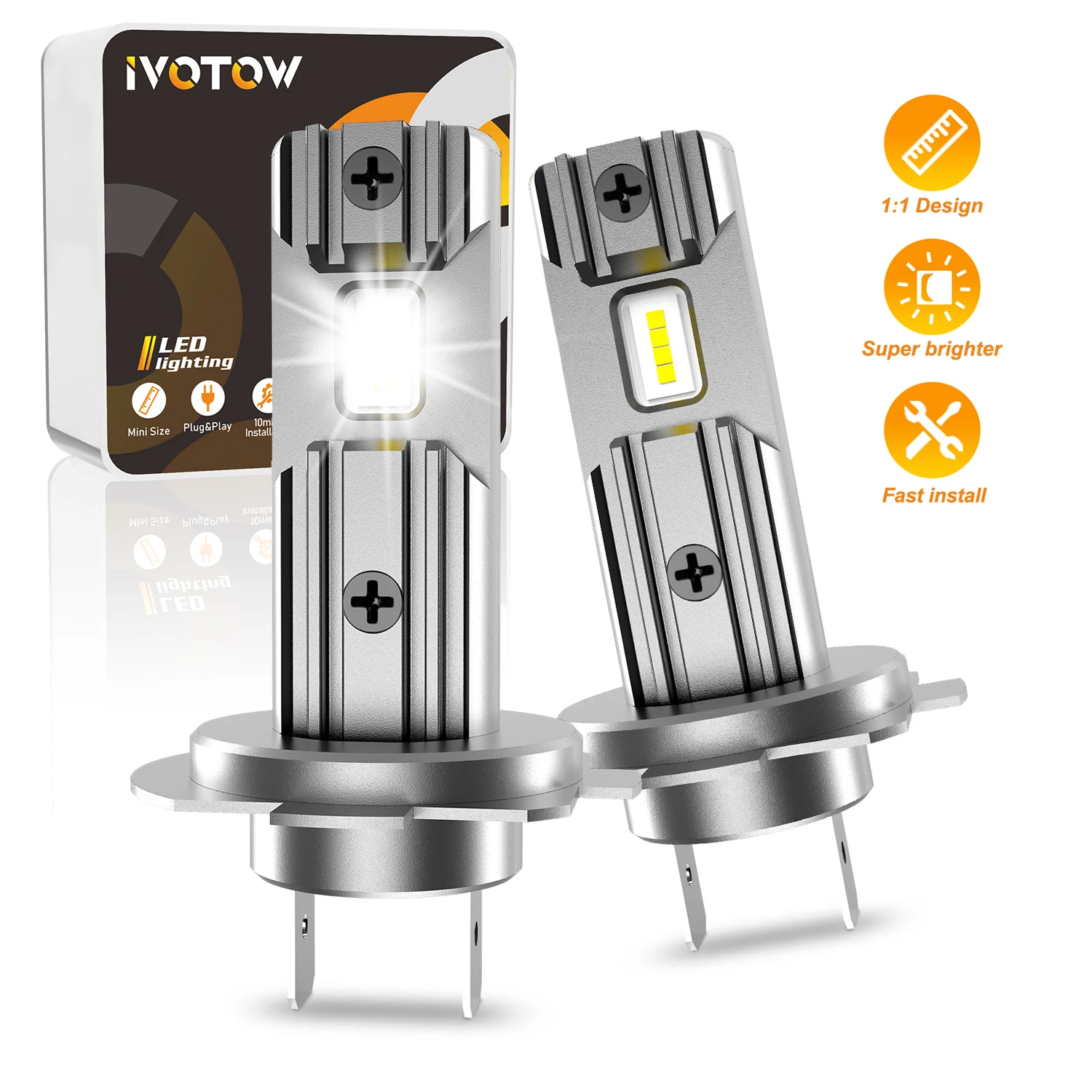 

IVOTOW 2Pcs H7 LED Bulbs 6500K White Bright Non-Polarity No Adapter Required Fanless Mini Size for High/Low Light Plug and Play