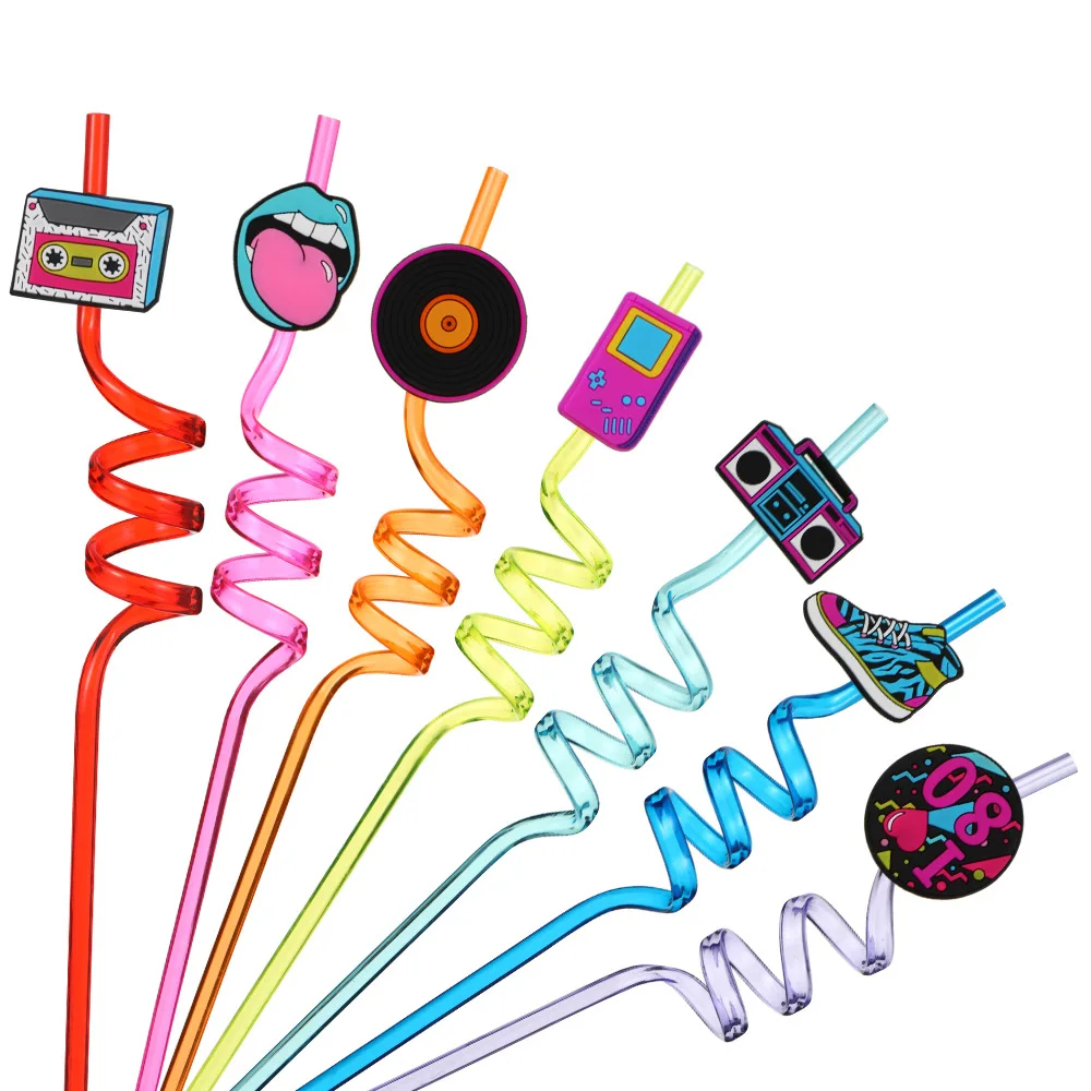 

8pcs 90s Theme Straws Reusable Retro Boombox Radio Roller Skate Drinking Straws 80s Retro Rapper Hip Hop Theme Birthday Party